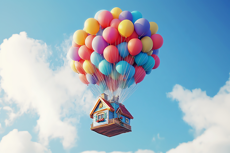 House Floating Away with Colorful Balloons